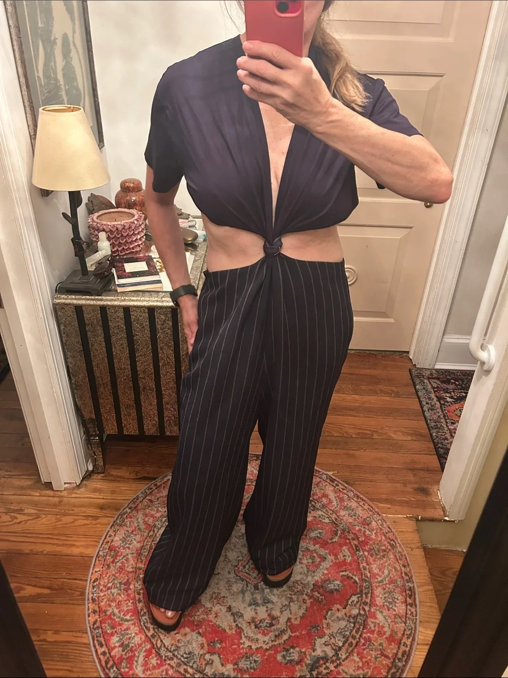 RARE!! DION LEE sz 6? Navy Pinstripe wide leg Cutout Jumpsuit with Front Knot_4